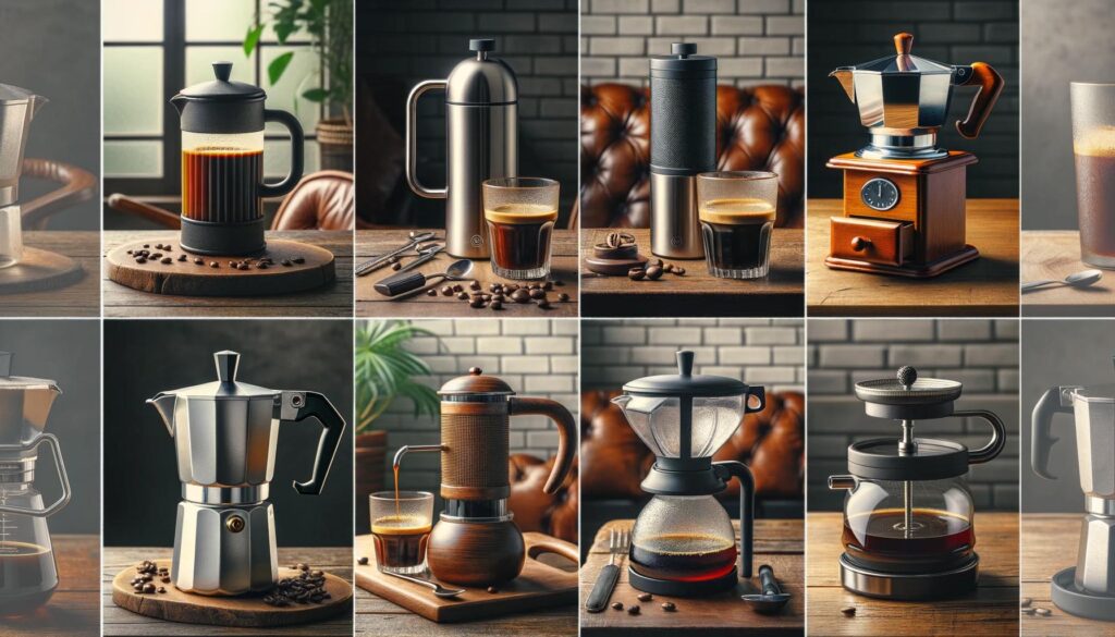 The timeless French press, a modern espresso machine, the versatile AeroPress, a classic Moka pot with an outdoor setting, and a cold brew setup with a glass container and dripping mechanism. 