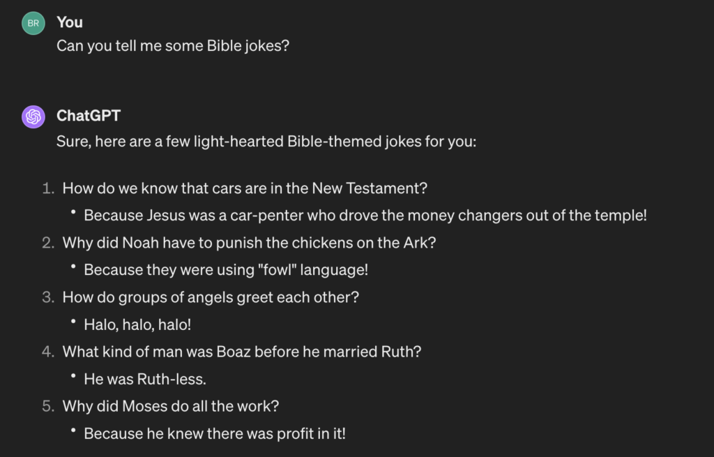 Asking ChatGPT for some Bible jokes.