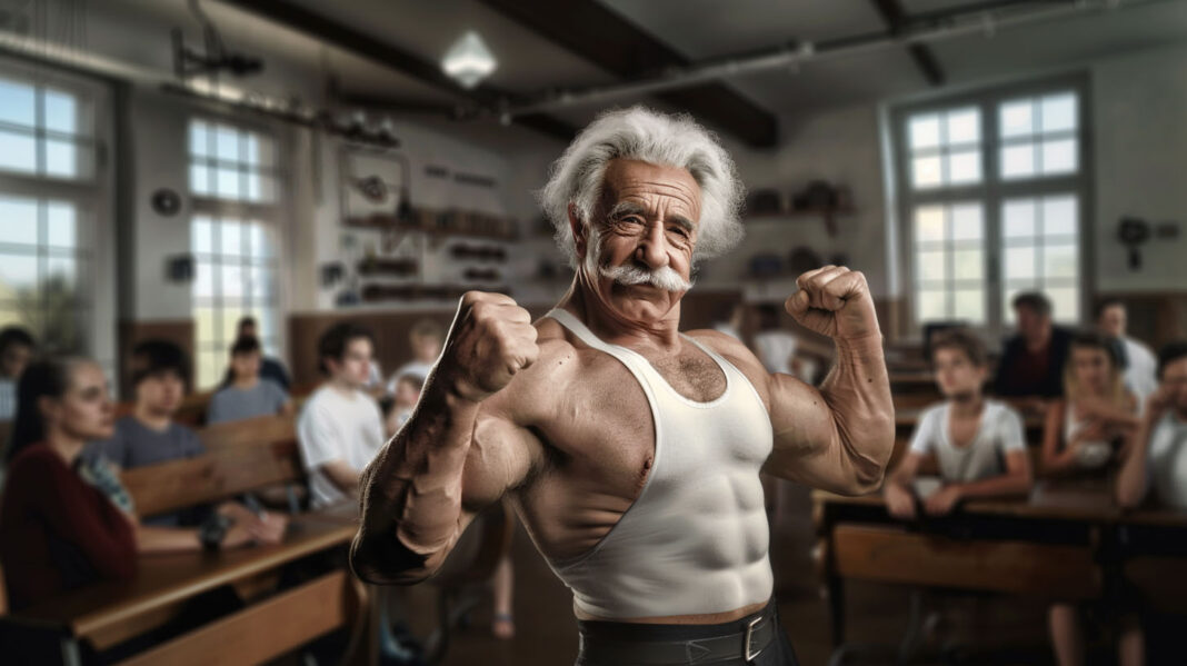 Einstein Albert Einstein flexing his muscles in class.