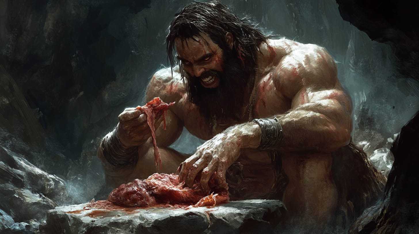 A caveman devours meat in a cave.
