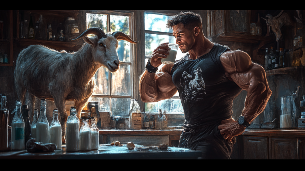 man drinking goat milk in kitchen 2 A muscular man drinks goat milk while a goat looks on.