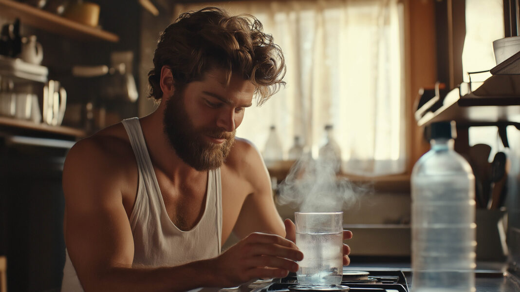 man heating up water A man heats up a bottle of water before his workout.