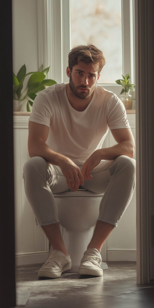 a man sitting on the toilet...waiting.