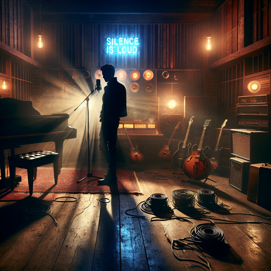 A dimly lit recording studio sits in eerie silence, with unused instruments, coiled cables, and a lone musician defiantly resisting the AI-driven copyright battle.