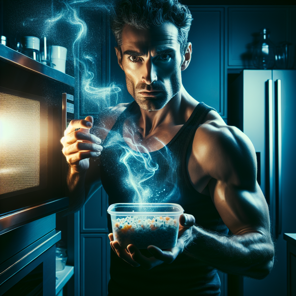 A rugged man in a dimly lit kitchen holds a steaming plastic container, watching eerie, glowing microplastic wisps rise ominously into the air.