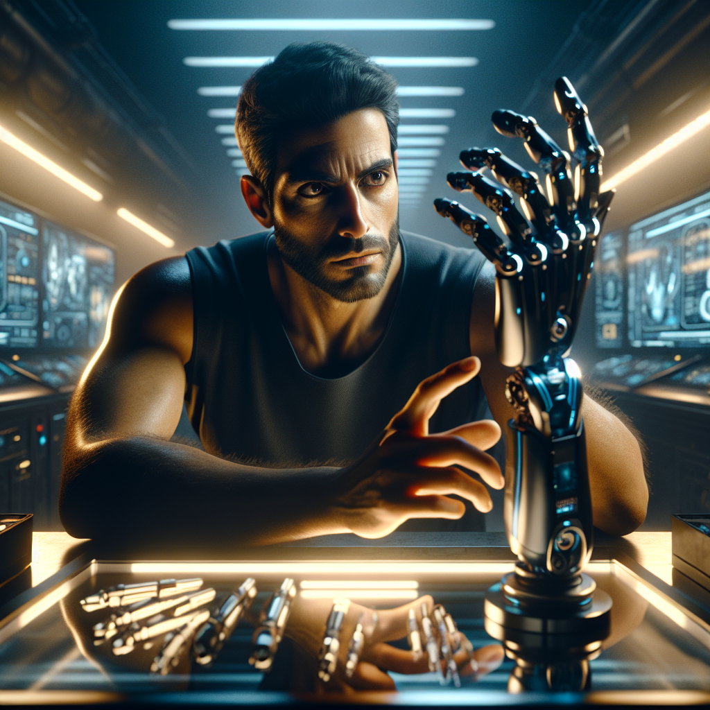 A man in a futuristic lab examines a high-tech robotic hand with glowing fingertips as it interacts with textured materials, bathed in cinematic lighting.
