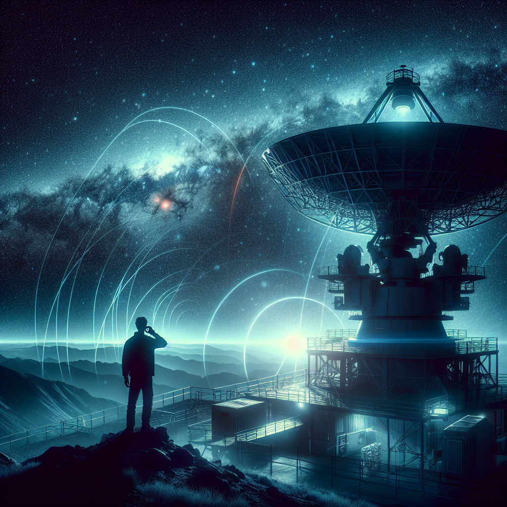A lone astronomer on an observatory platform peers through a large radio telescope, scanning the cosmos for mysterious signals under a vast, star-filled night sky.