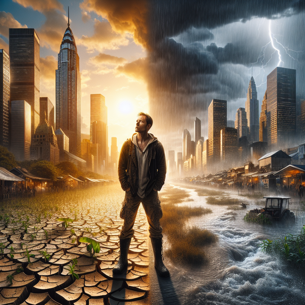 A dramatic split-scene of a major city suffering from 