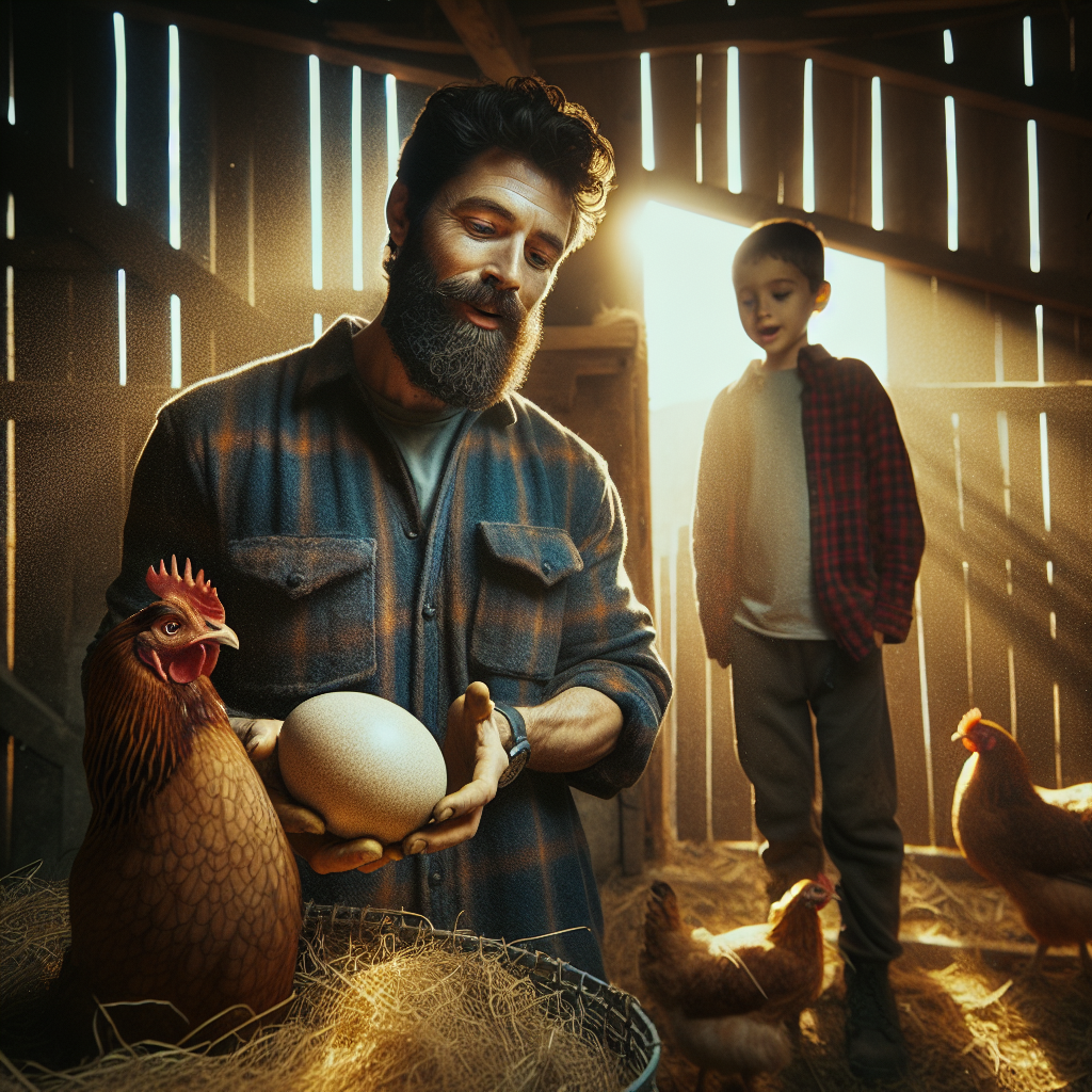 Man Discovers Giant Egg With a Surprise Inside in Backyard Coop A rugged man in a flannel shirt holds an enormous egg in a dimly lit chicken coop, his daughters watching in awe as a red-feathered hen perches nearby.