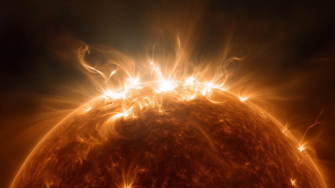 corona Illustration of a gas giant planet near a flaring young star in space.