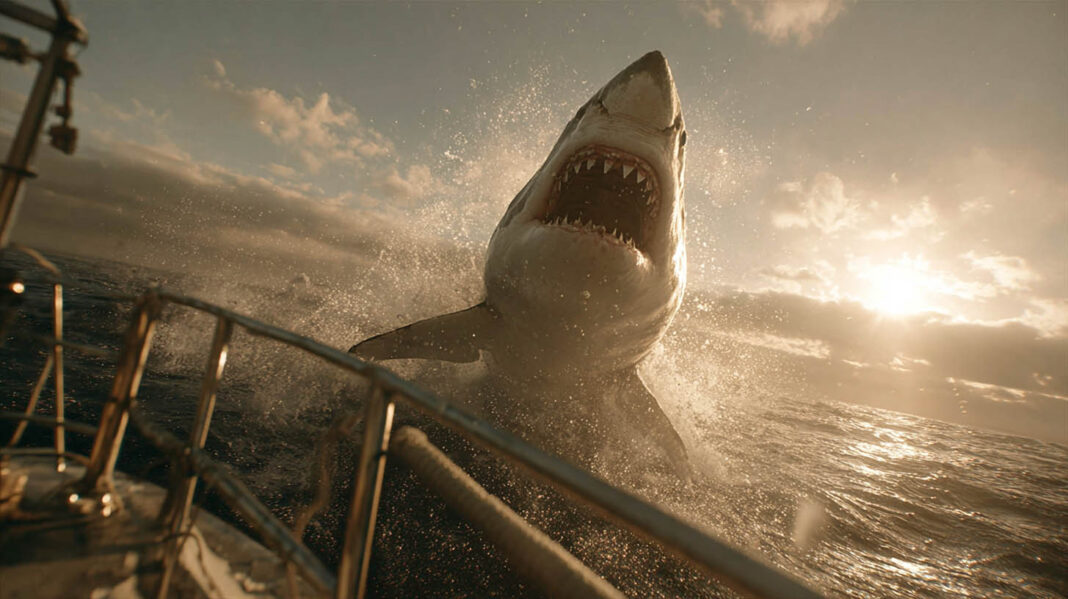 shark-attack Photo of a shark swimming close to a boat in a realistic ocean environment