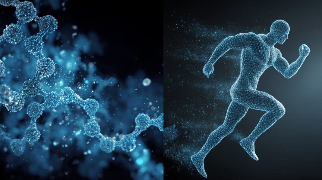 test-feature Testosterone molecular structure and male silhouette showing hormone effects