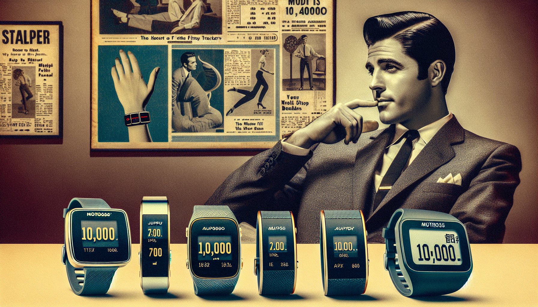 Vintage Japanese pedometer advertisement with modern fitness trackers