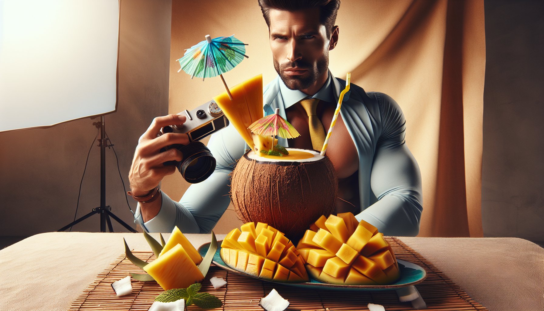 Tropical mass gainer smoothie with mango and coconut ingredients