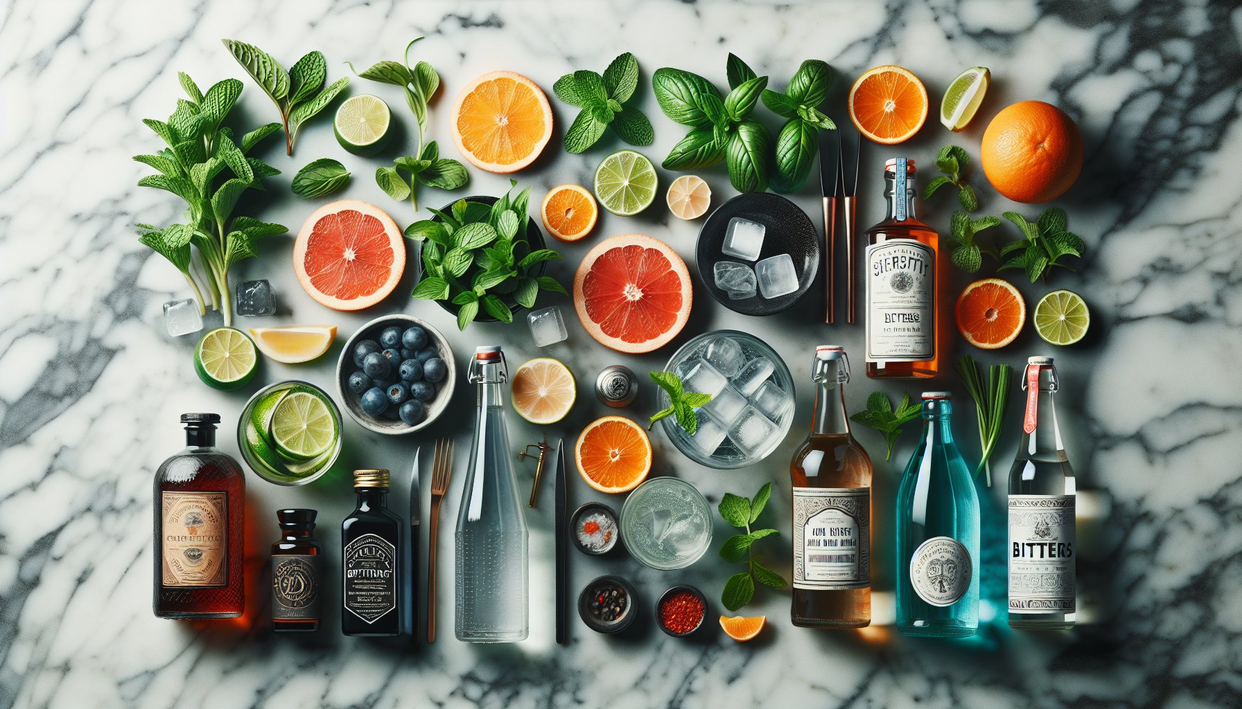 Low calorie bar drinks mixers including club soda, fresh lime, and herbs