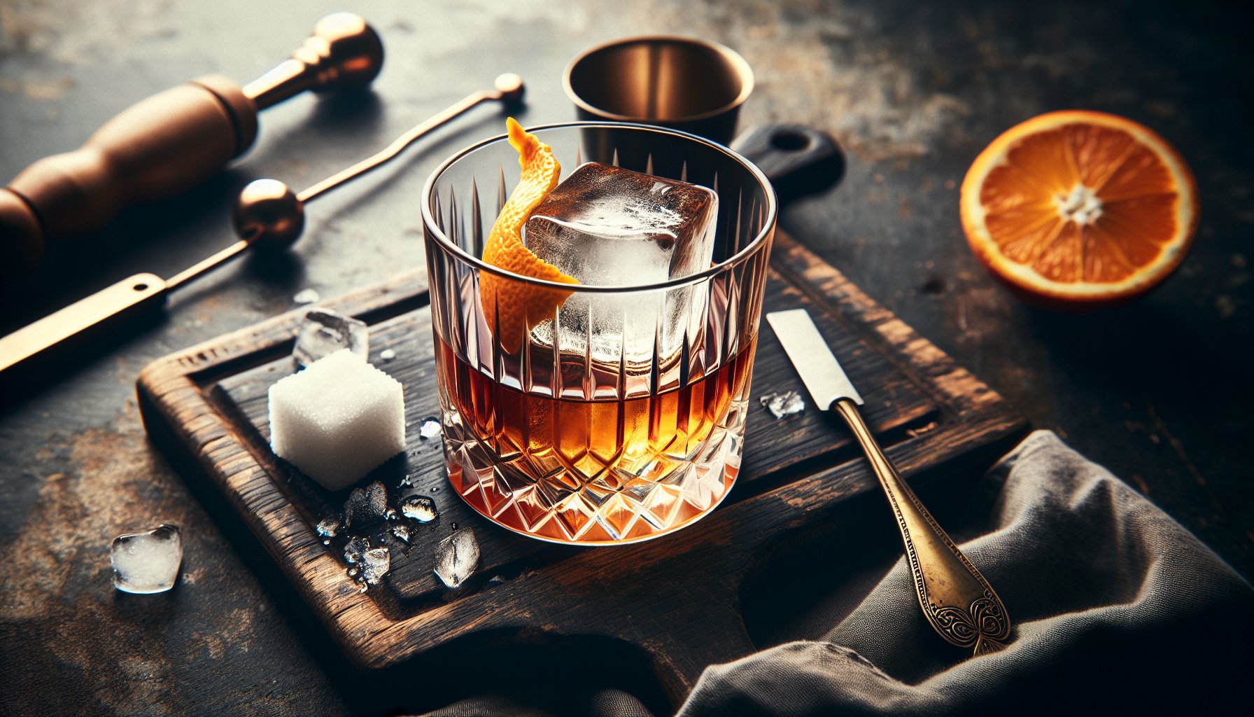 Old Fashioned whiskey cocktail with orange peel garnish and bar tools