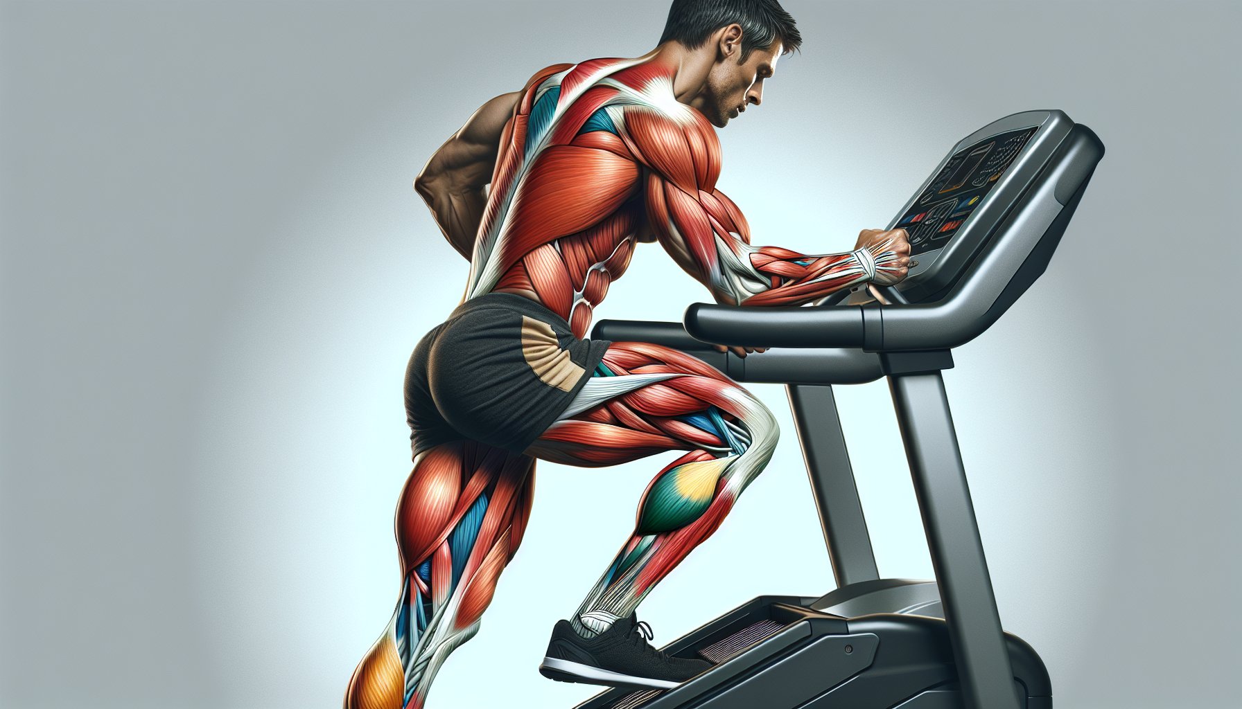 Anatomical illustration showing muscle activation during StairMaster vs treadmill exercise
