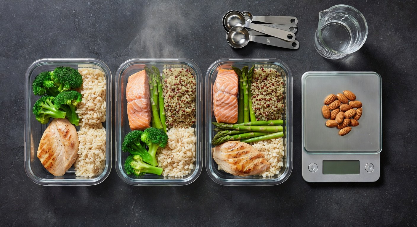 Meal prep containers with calculated portions for cutting body fat percentage effectively