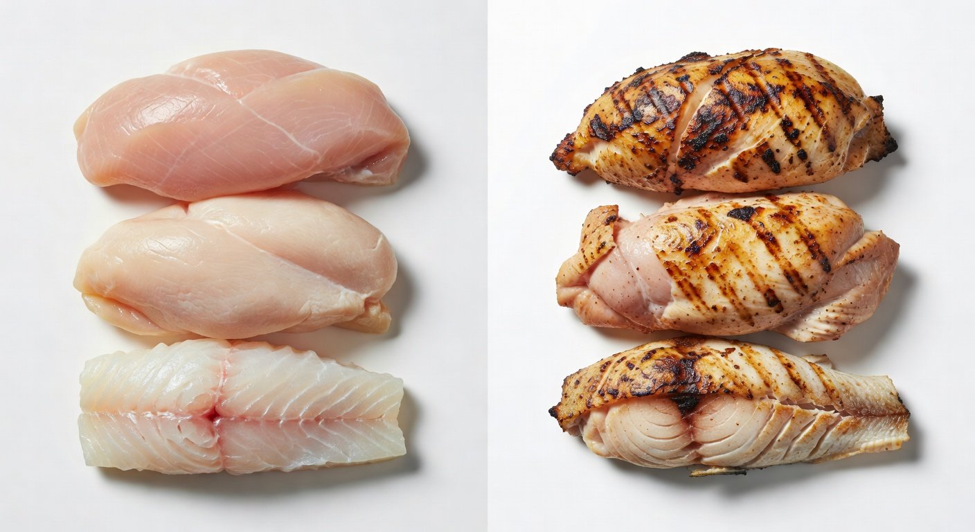 Raw vs cooked lean protein comparison showing chicken turkey and fish