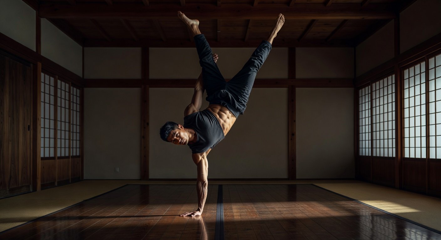 Martial artist demonstrating functional strength with single-arm handstand