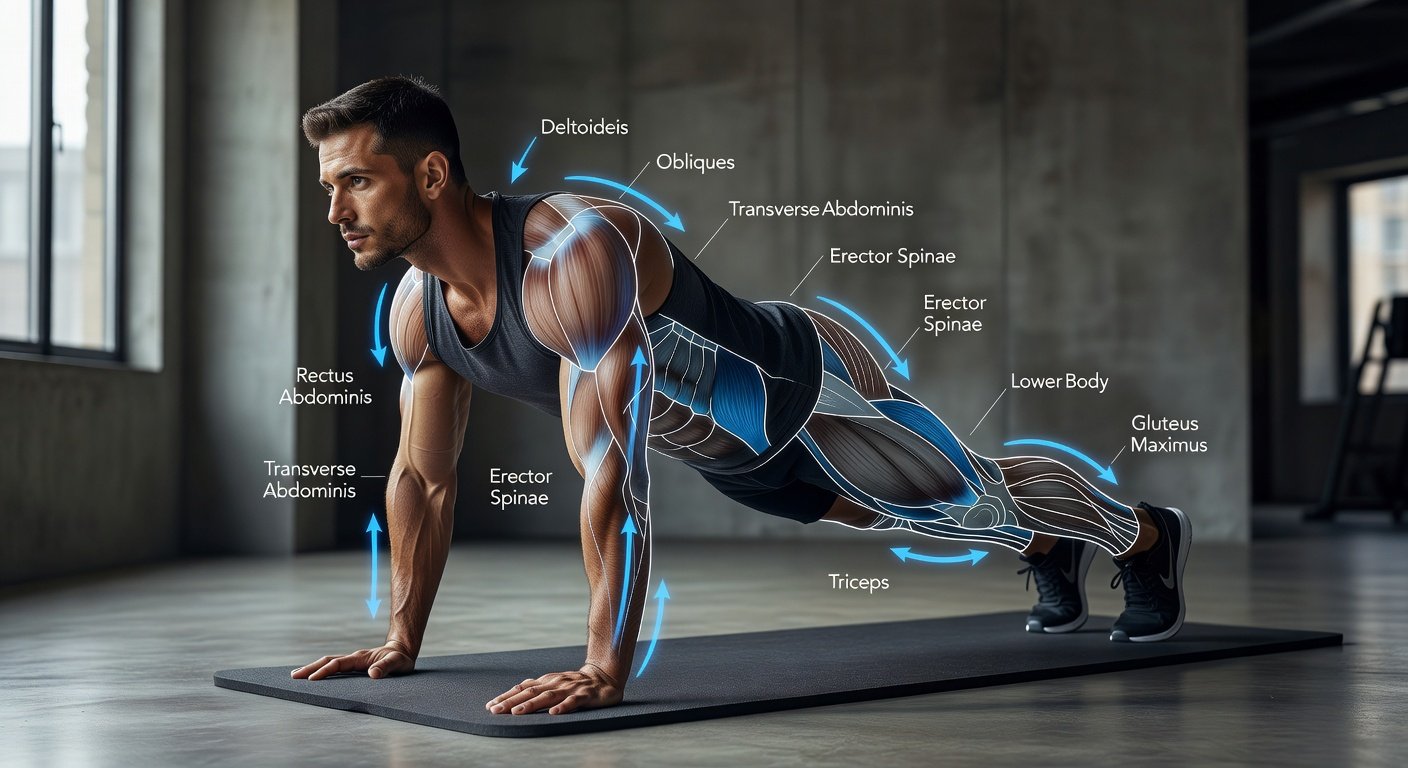 Dynamic resistance muscle activation diagram during DDP Yoga plank exercise