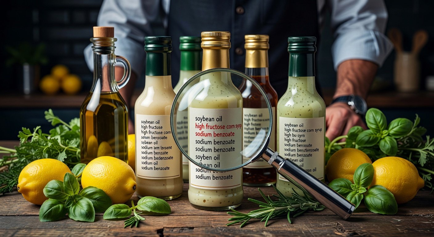 Commercial salad dressing ingredient labels showing unhealthy additives