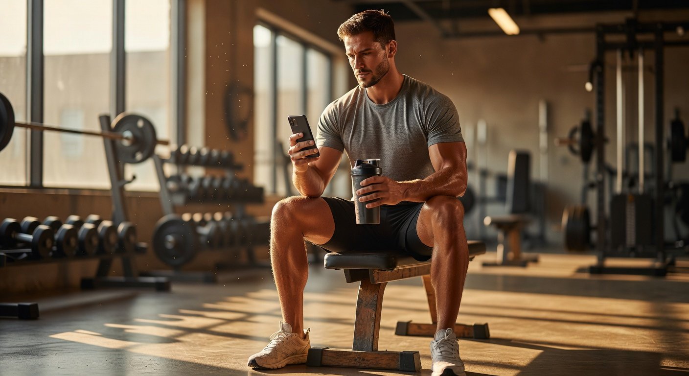 Man timing post-workout protein shake consumption in gym setting