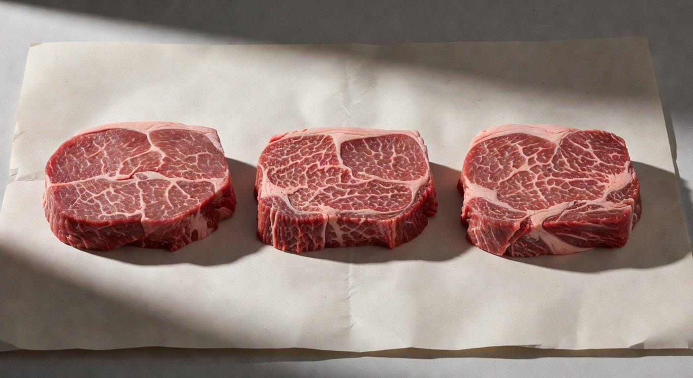 Cross-section comparison of lean steak cuts showing marbling and fat content