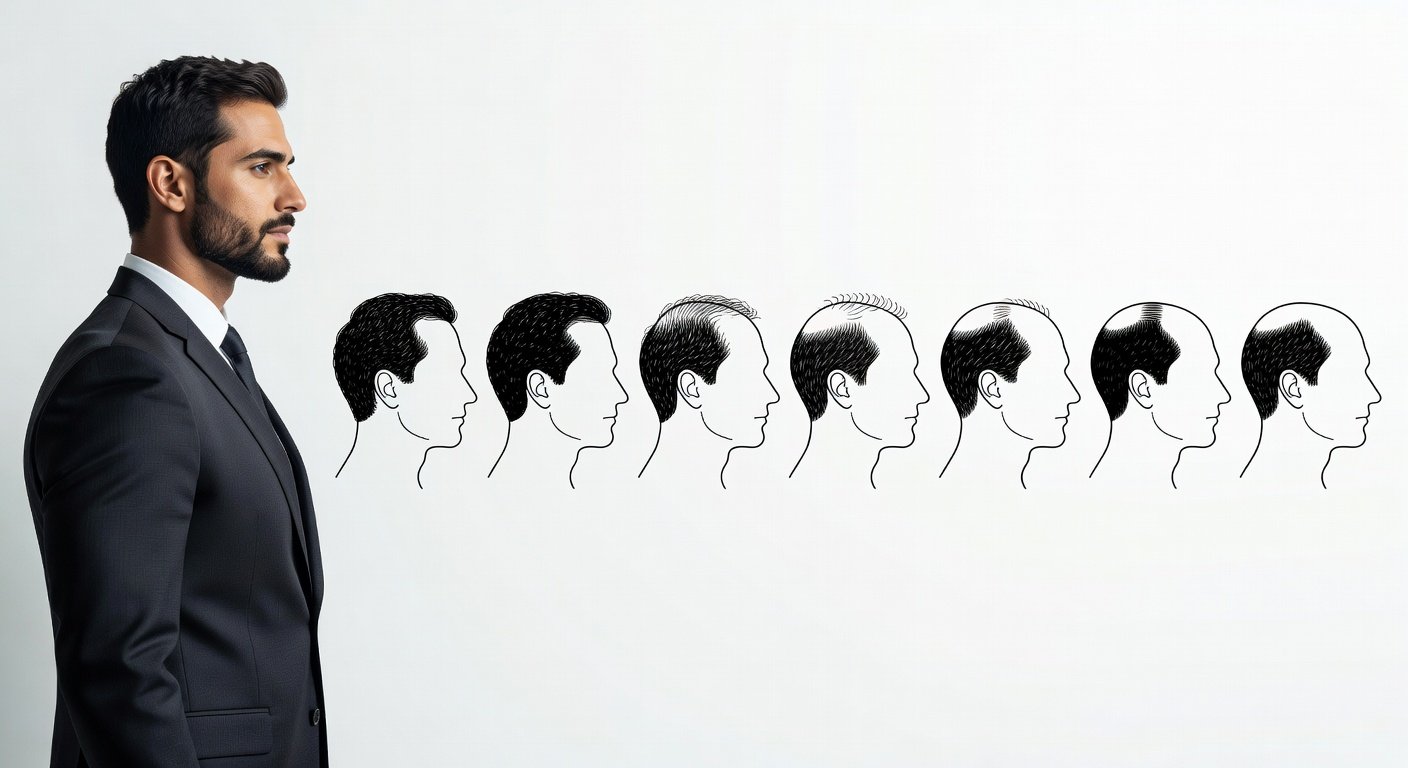 Norwood Scale diagram showing seven stages of male pattern baldness progression
