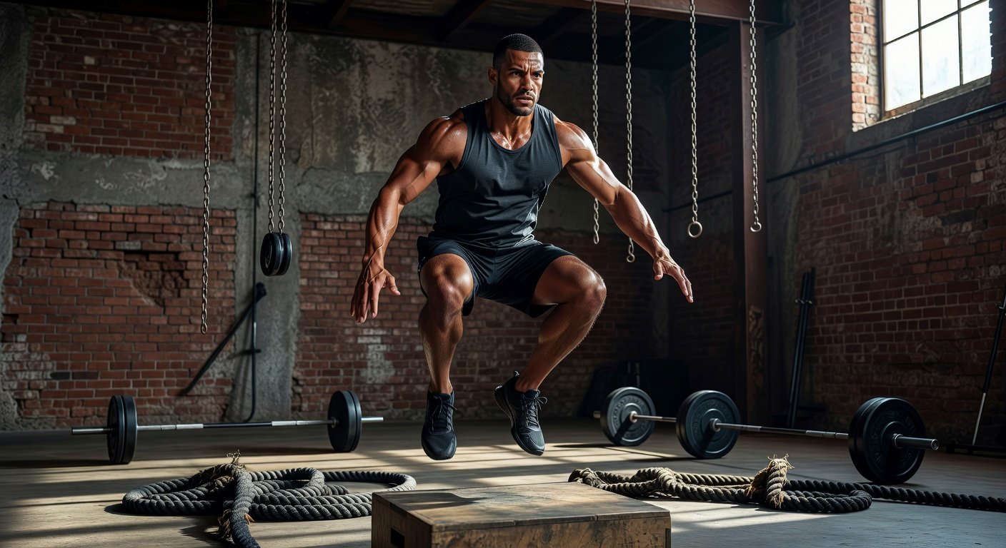 CrossFit athlete performing box jumps in functional fitness gym setting