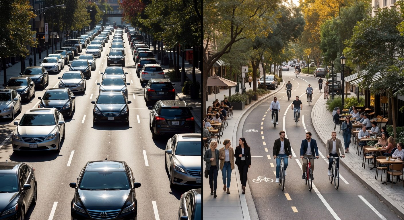 Urban street transformation from car-dependent to walkable design showing impact on obesity rates by city