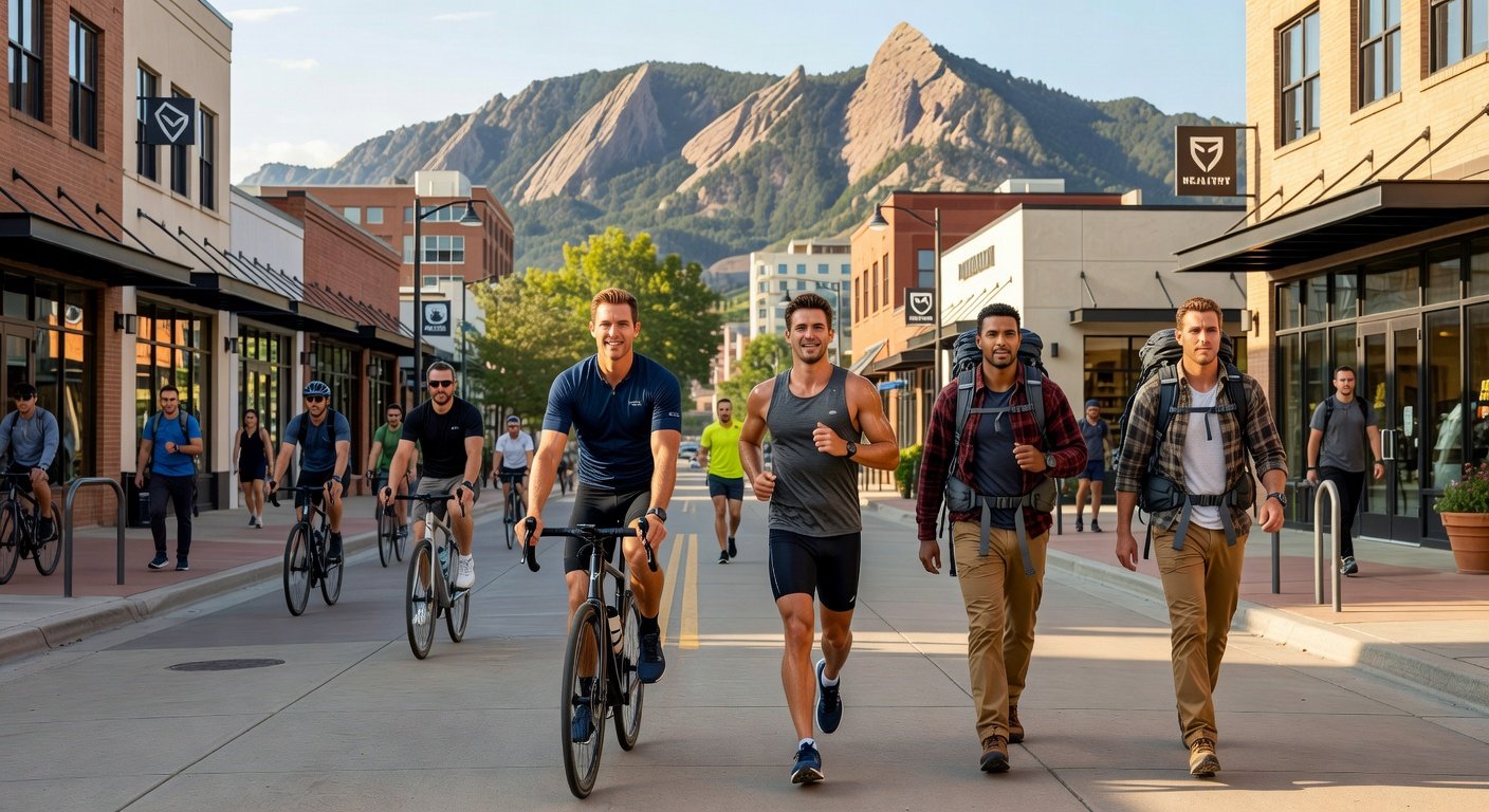 Boulder Colorado street scene demonstrating most fit city lifestyle with outdoor activities and healthy businesses