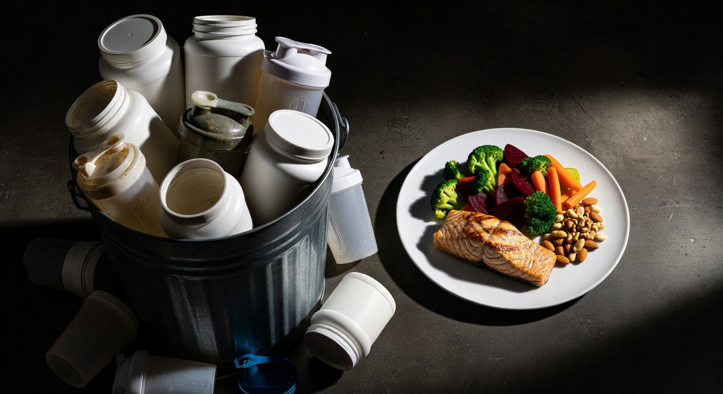 Comparison showing too many protein shakes versus balanced whole food nutrition