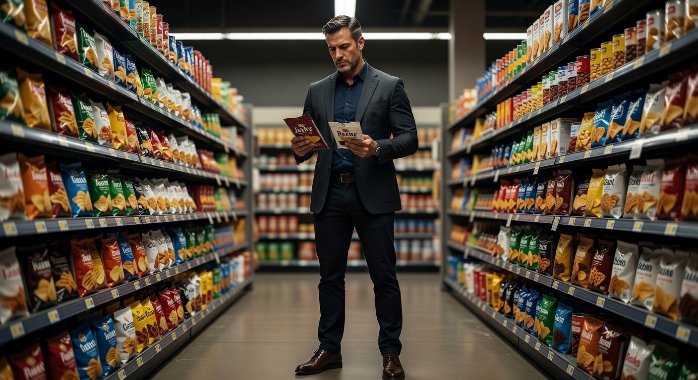 Man choosing healthy jerky by reading labels in store