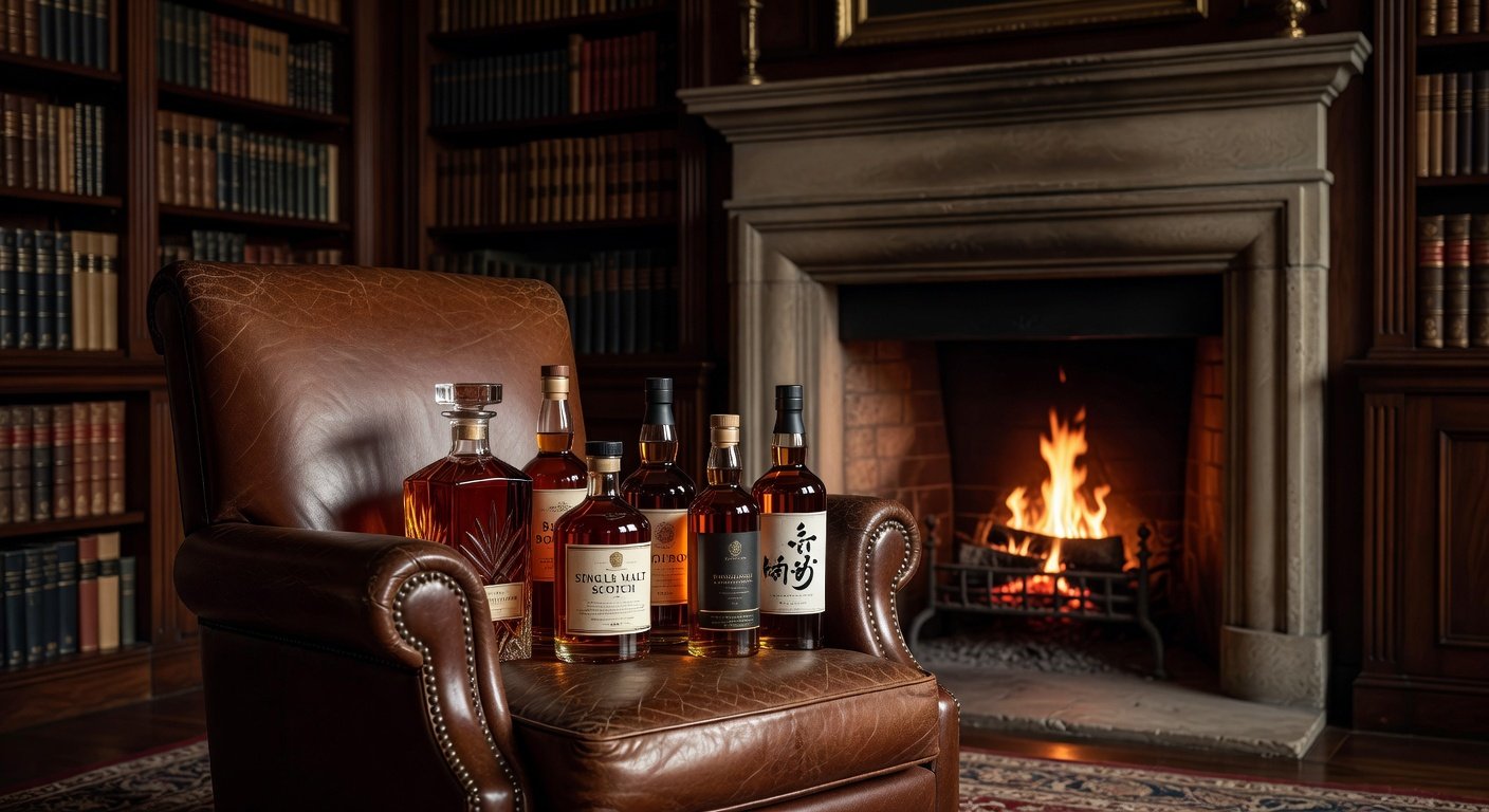 Premium whiskey bottles ideal for drinking neat in luxury setting