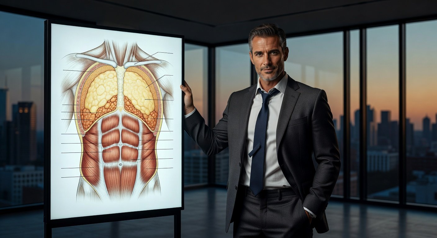 Anatomical diagram showing abdominal fat layers and muscle structure