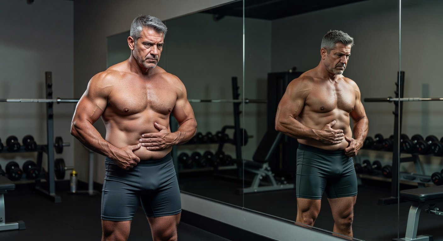 Man examining body fat changes from low testosterone symptoms