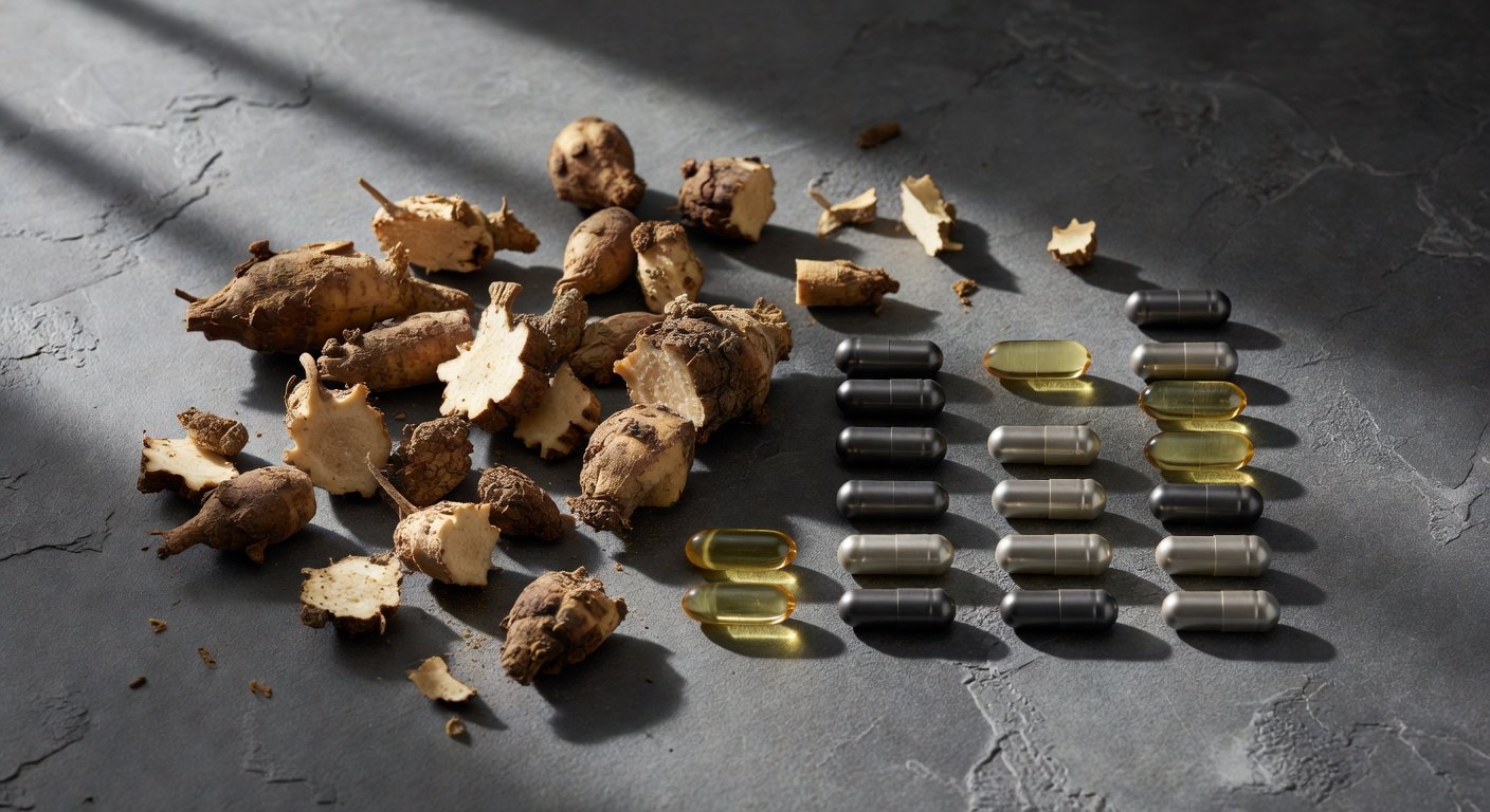 Fresh ashwagandha root and modern supplement capsules comparison