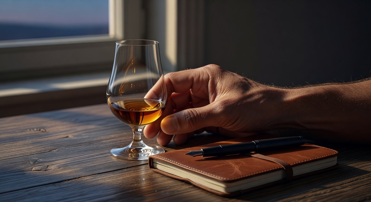 Whiskey guide for tasting with glass in evening light
