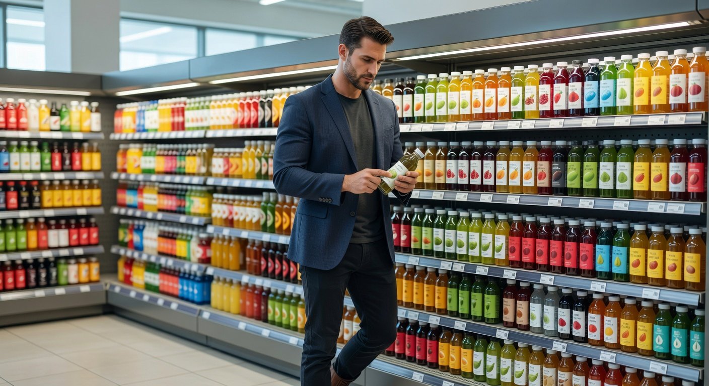 man reading labels on healthy soda alternatives while grocery shopping
