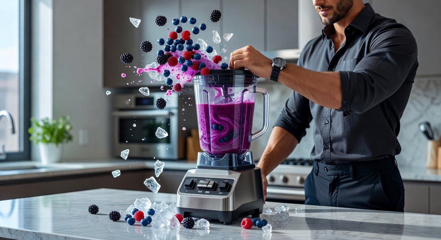 High-speed blender creating berry protein smoothie with ingredients in motion