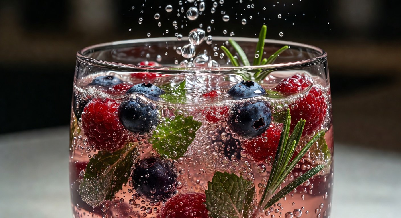 carbonation bubbles in healthy sparkling water with natural fruit infusion