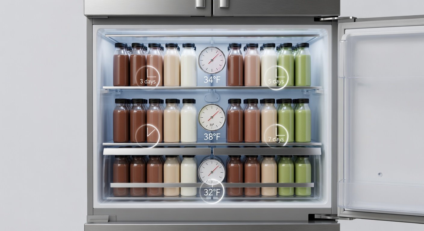 Protein shake refrigerator storage showing temperature zones and safe storage times