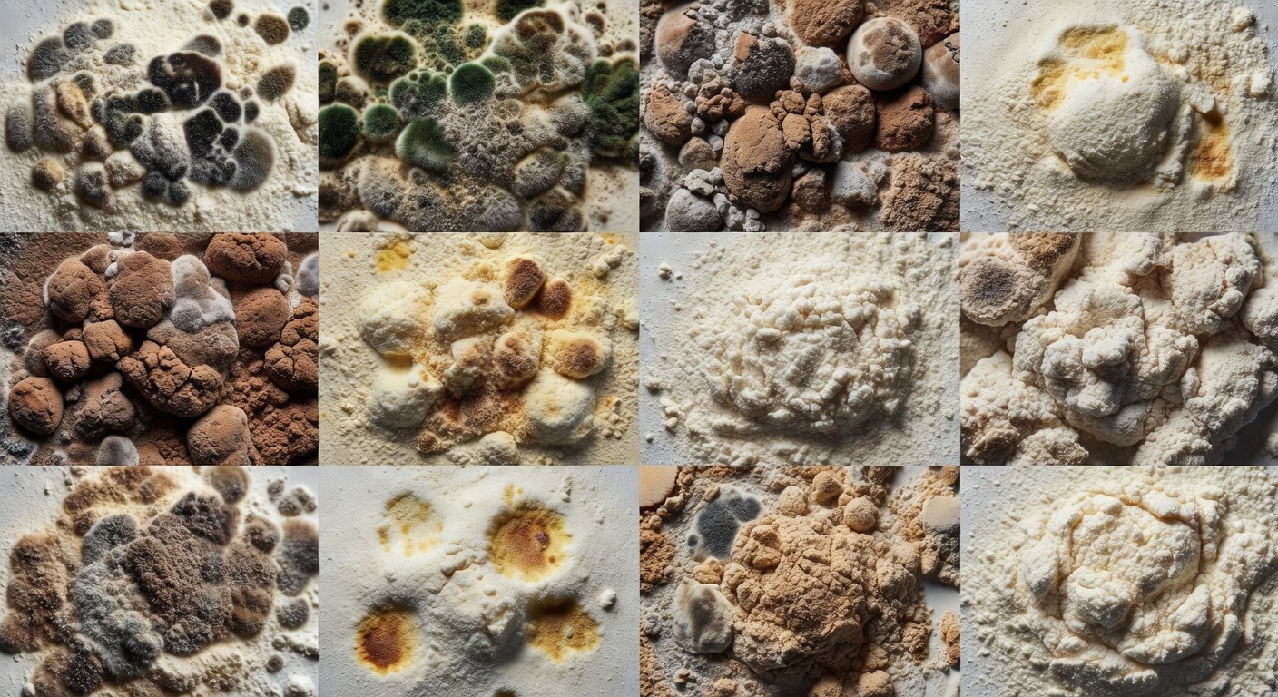 Close-up examples of spoiled protein powder showing mold, clumping, and discoloration