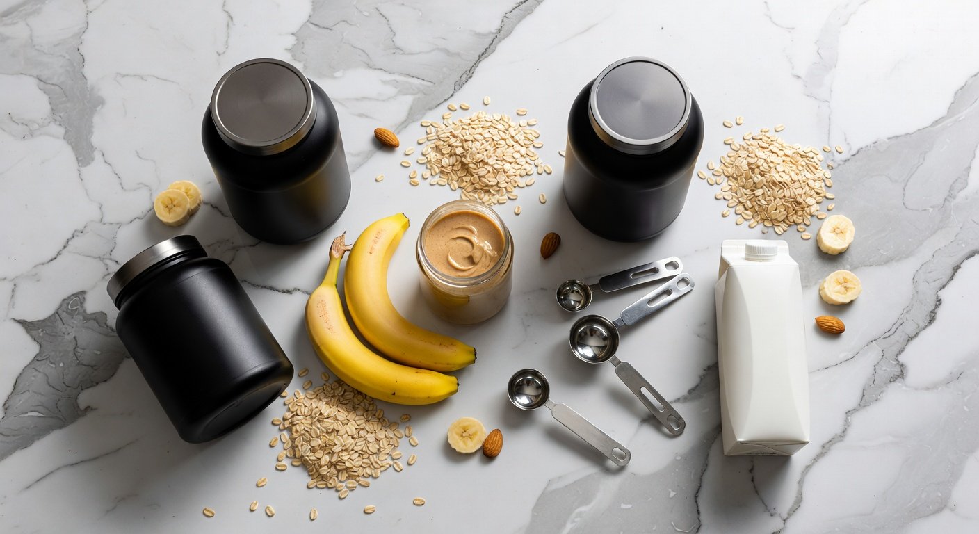 Muscle building smoothie ingredients laid out on marble surface