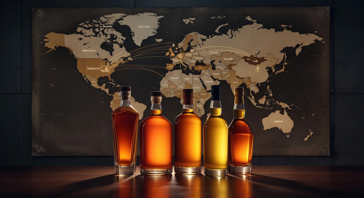 Types of whiskey illustrated with glowing bottles on world map