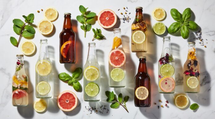 The Healthiest Sodas and Sparkling Drinks Worth Trying: Better Alternatives to Traditional Soft Drinks healthy soda alternatives and sparkling drinks arranged with fresh ingredients
