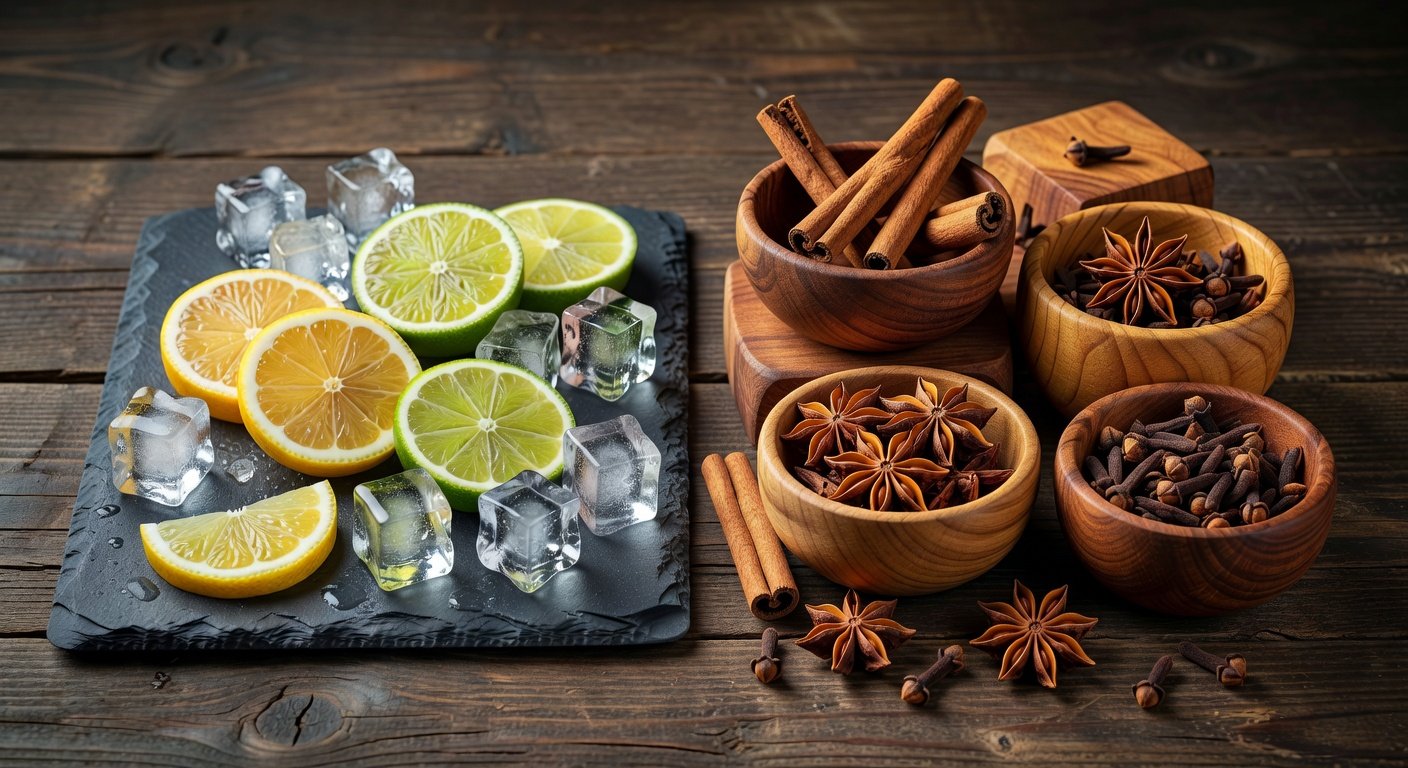 Seasonal fragrance elements showing summer citrus and winter woody scent inspiration